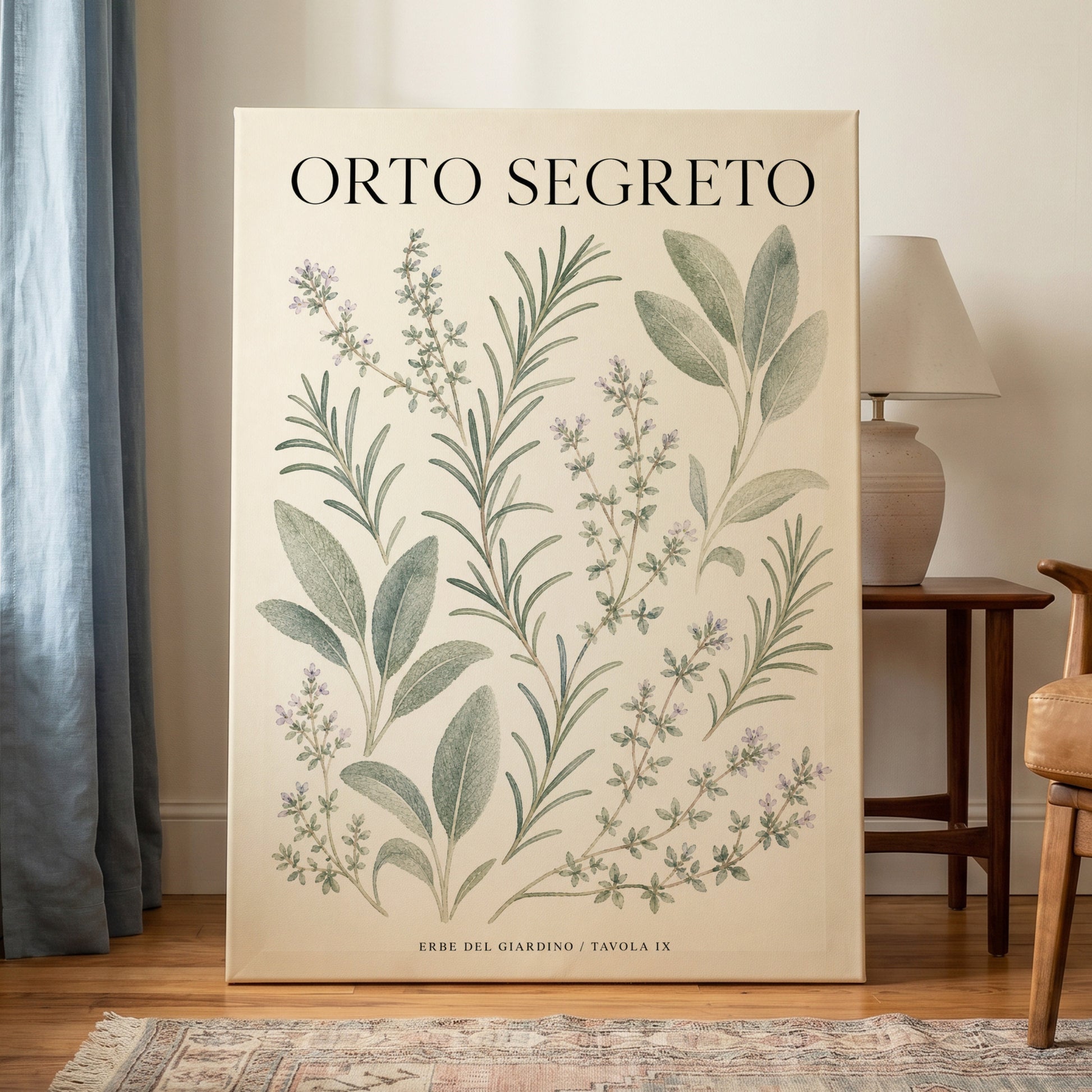 The Secret Herb Garden, green, beige, black nature wall art on canvas displayed in a styled interior, gallery view 1