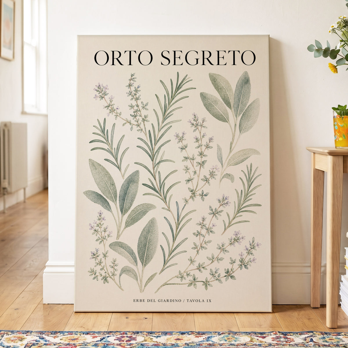 The Secret Herb Garden, green, beige, black nature wall art on canvas displayed in a styled interior, gallery view 2