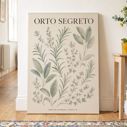 The Secret Herb Garden, green, beige, black nature wall art on canvas displayed in a styled interior, gallery view 2