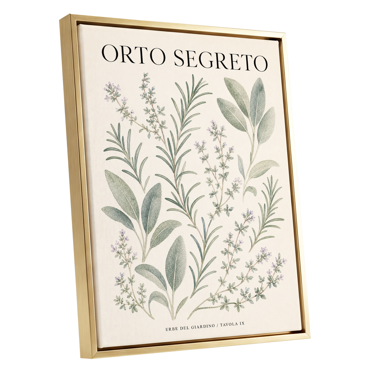 The Secret Herb Garden, green, beige, black nature wall art shown as a gold framed canvas wall art