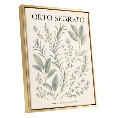 The Secret Herb Garden, green, beige, black nature wall art shown as a gold framed canvas wall art