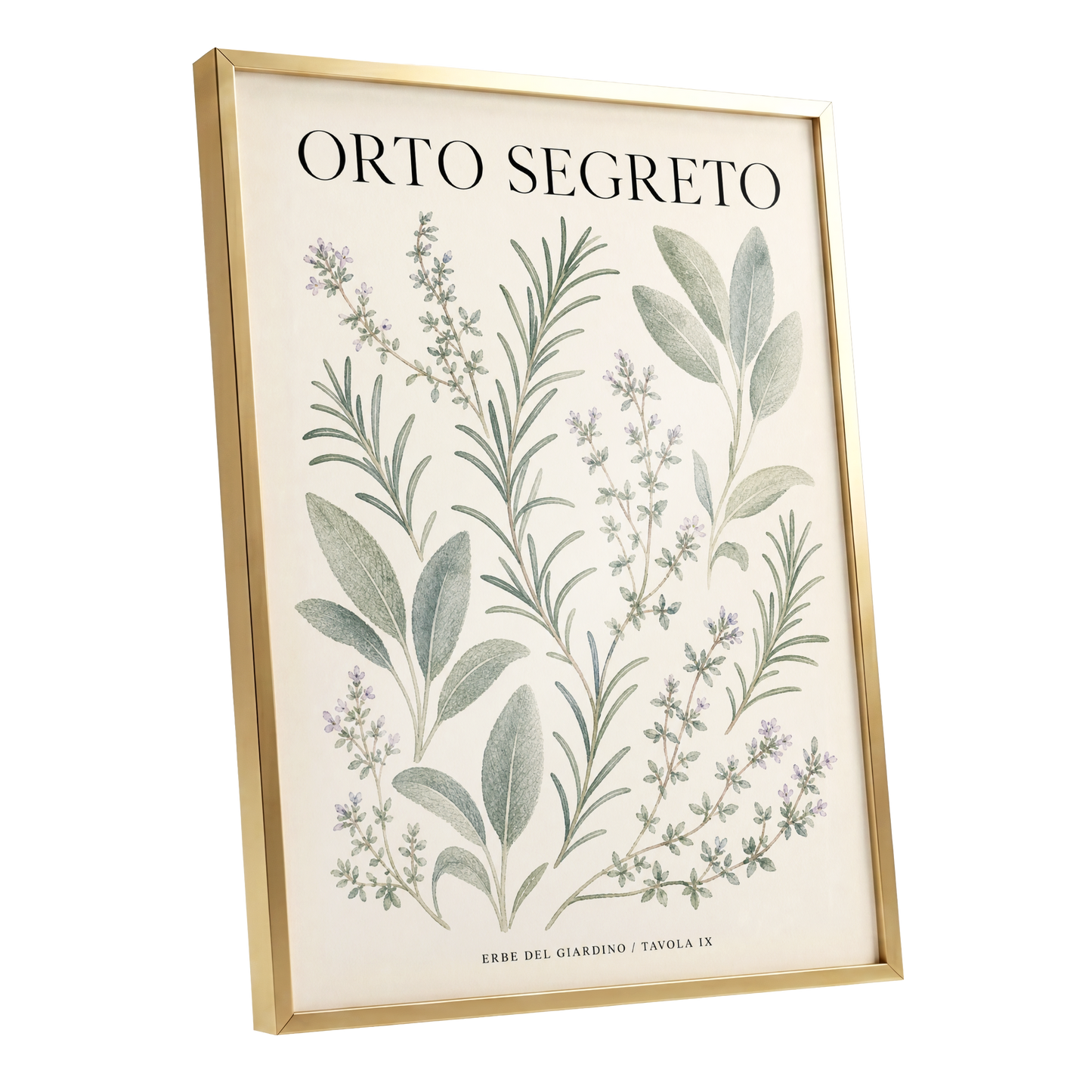 The Secret Herb Garden, green, beige, black nature wall art shown as a gold framed poster wall art print