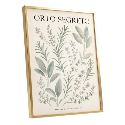 The Secret Herb Garden, green, beige, black nature wall art shown as a gold framed poster wall art print