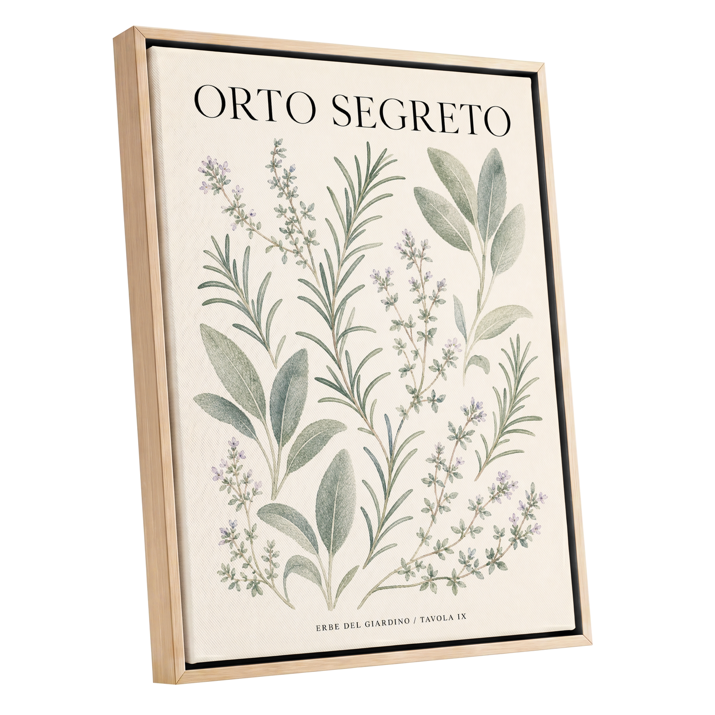 The Secret Herb Garden, green, beige, black nature wall art shown as a oak framed canvas wall art