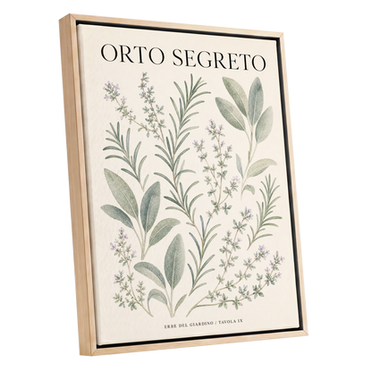 The Secret Herb Garden, green, beige, black nature wall art shown as a oak framed canvas wall art