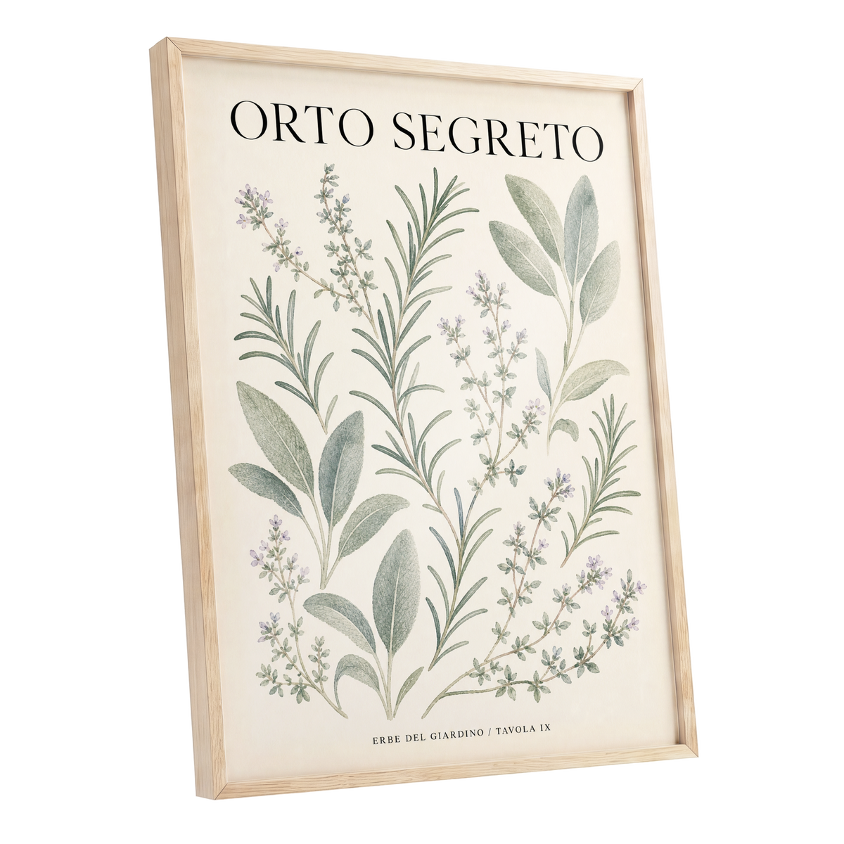 The Secret Herb Garden, green, beige, black nature wall art shown as a oak framed poster wall art print