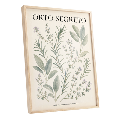 The Secret Herb Garden, green, beige, black nature wall art shown as a oak framed poster wall art print