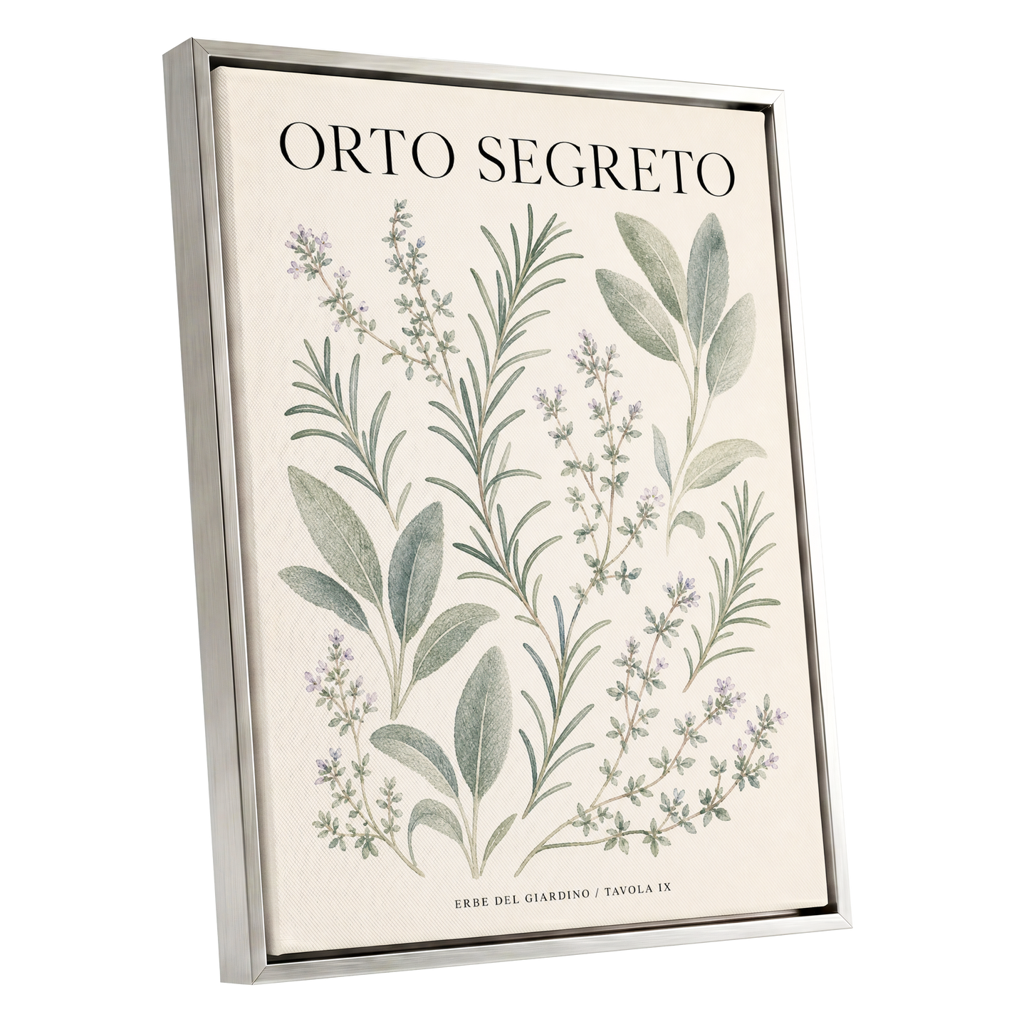 The Secret Herb Garden, green, beige, black nature wall art shown as a silver framed canvas wall art