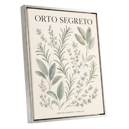 The Secret Herb Garden, green, beige, black nature wall art shown as a silver framed canvas wall art