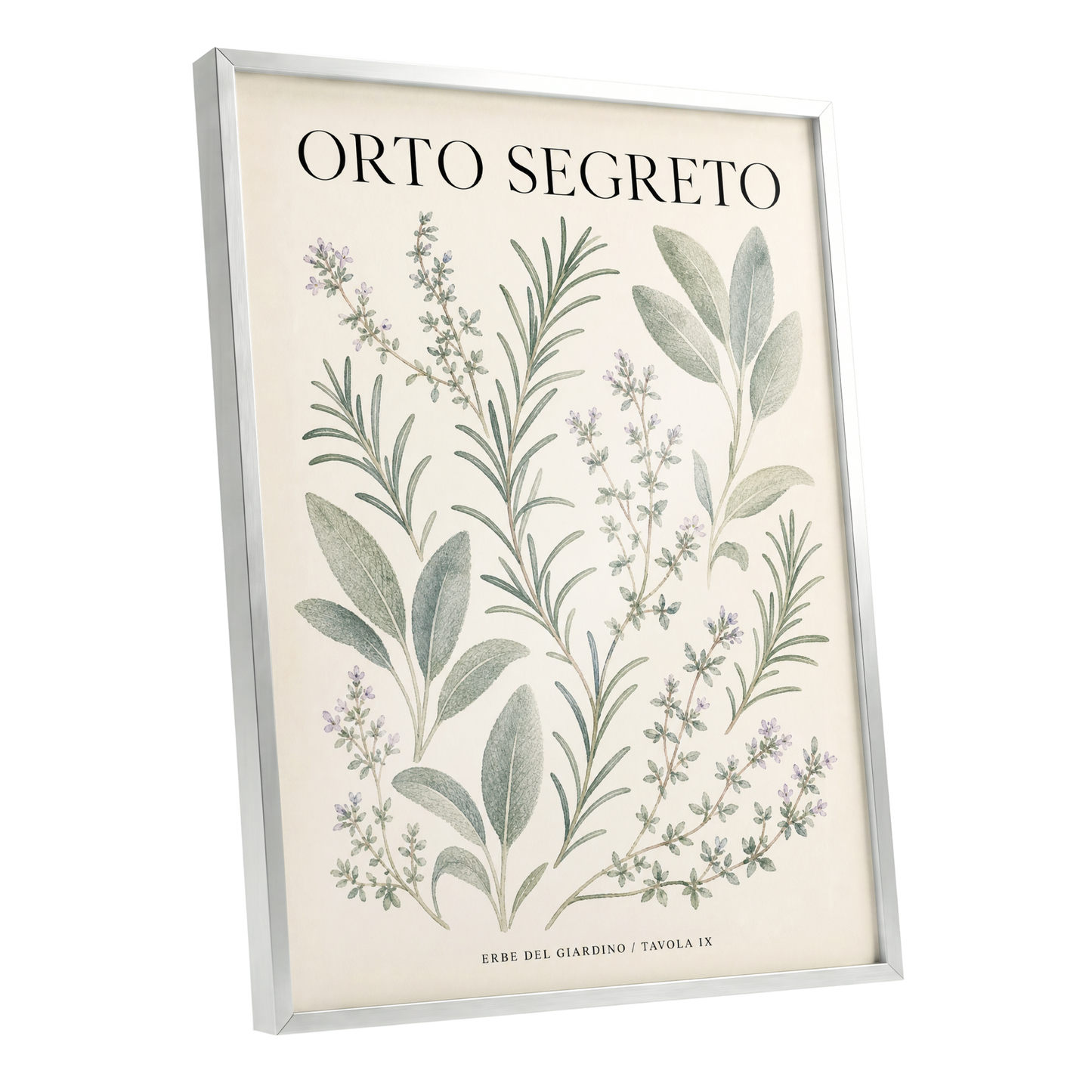 The Secret Herb Garden, green, beige, black nature wall art shown as a silver framed poster wall art print