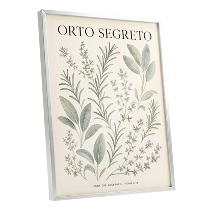 The Secret Herb Garden, green, beige, black nature wall art shown as a silver framed poster wall art print
