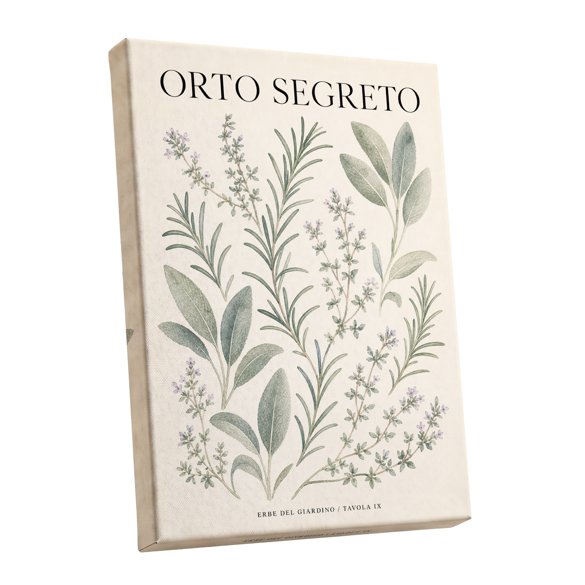 The Secret Herb Garden, green, beige, black nature wall art shown as a stretched canvas wall art