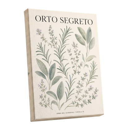 The Secret Herb Garden, green, beige, black nature wall art shown as a stretched canvas wall art
