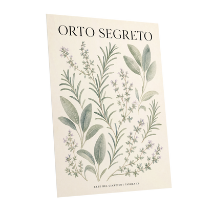The Secret Herb Garden, green, beige, black nature wall art shown as a unframed poster wall art print