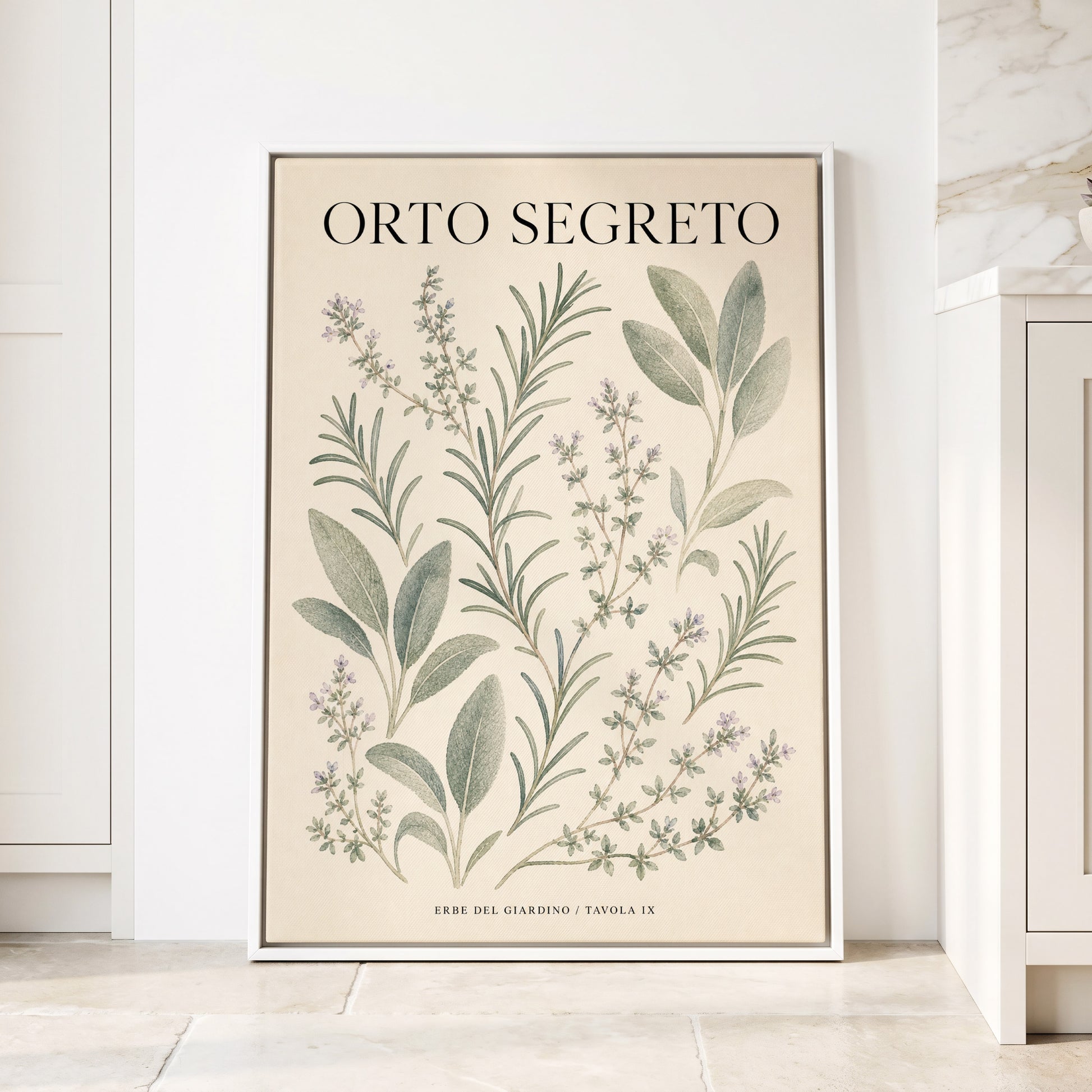 The Secret Herb Garden, green, beige, black nature wall art displayed in a styled interior, gallery view 1