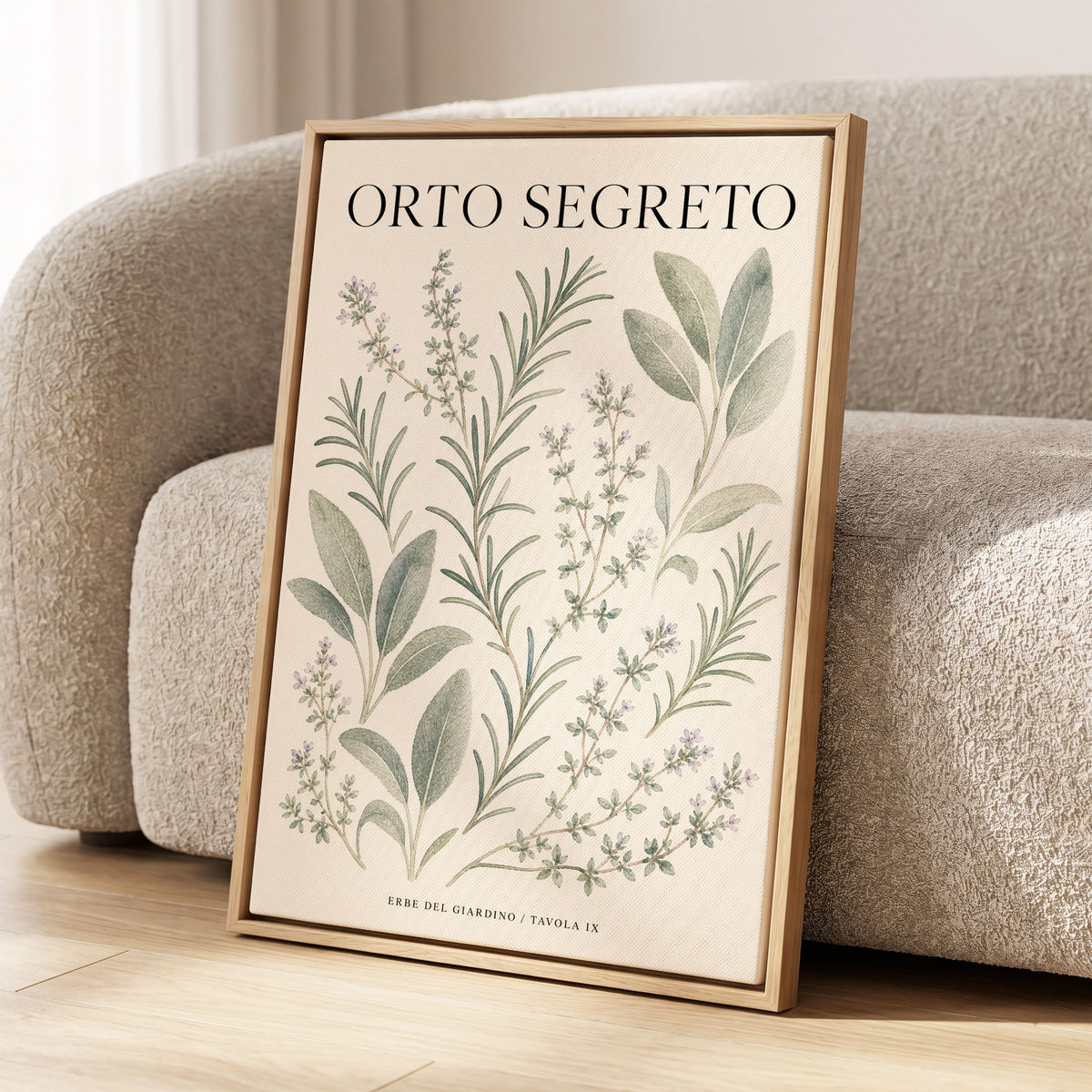 The Secret Herb Garden, green, beige, black nature wall art displayed in a styled interior, gallery view 2