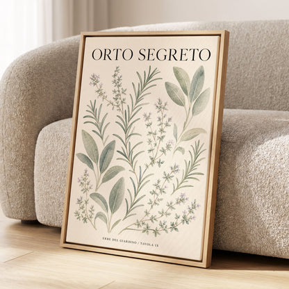 The Secret Herb Garden, green, beige, black nature wall art displayed in a styled interior, gallery view 2