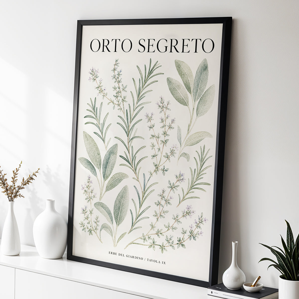 The Secret Herb Garden, green, beige, black nature wall art displayed in a styled interior, gallery view 3