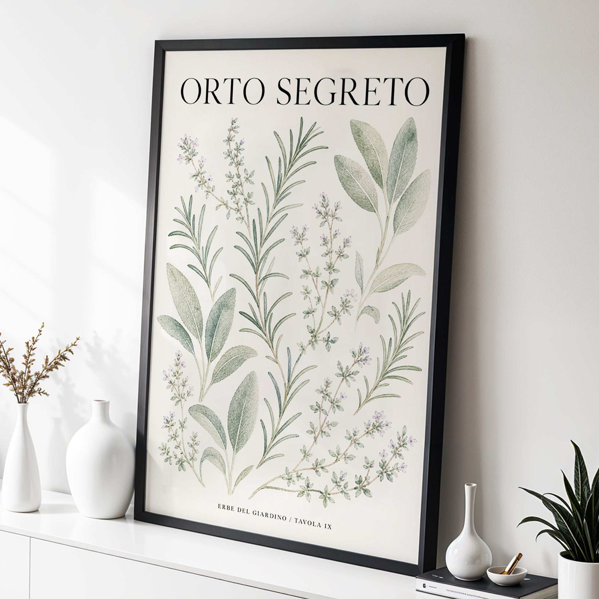 The Secret Herb Garden, green, beige, black nature wall art displayed in a styled interior, gallery view 3