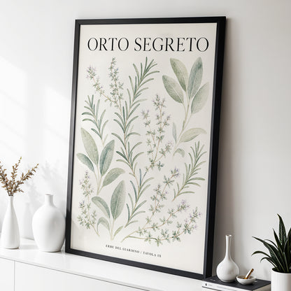 The Secret Herb Garden, green, beige, black nature wall art displayed in a styled interior, gallery view 3
