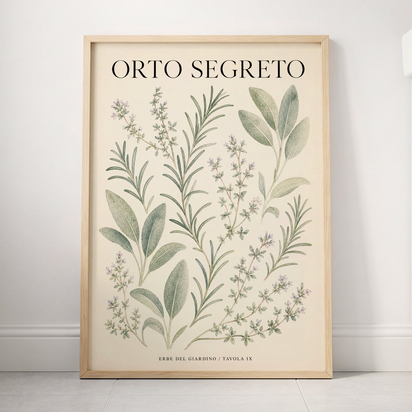 The Secret Herb Garden, green, beige, black nature wall art displayed in a styled interior, gallery view 4