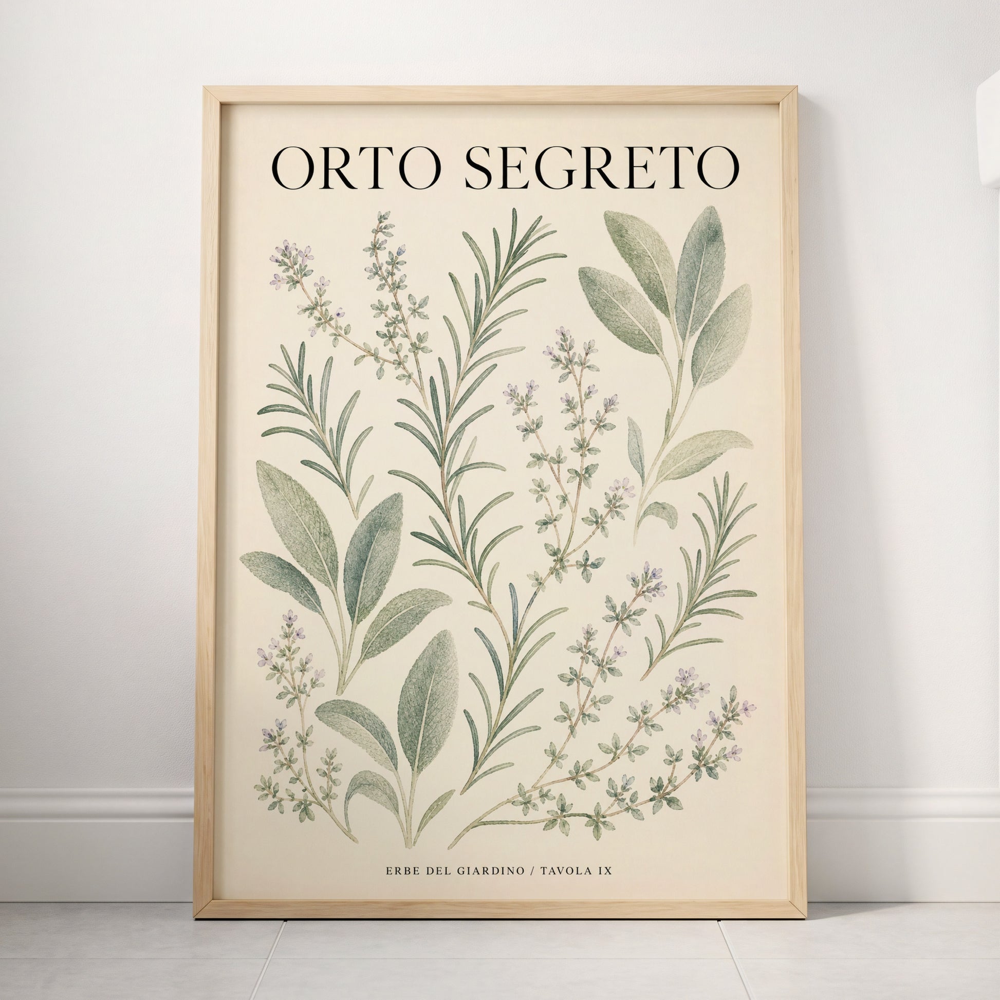 The Secret Herb Garden, green, beige, black nature wall art displayed in a styled interior, gallery view 4