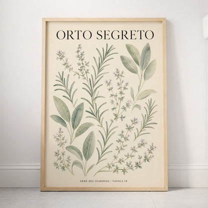 The Secret Herb Garden, green, beige, black nature wall art displayed in a styled interior, gallery view 4