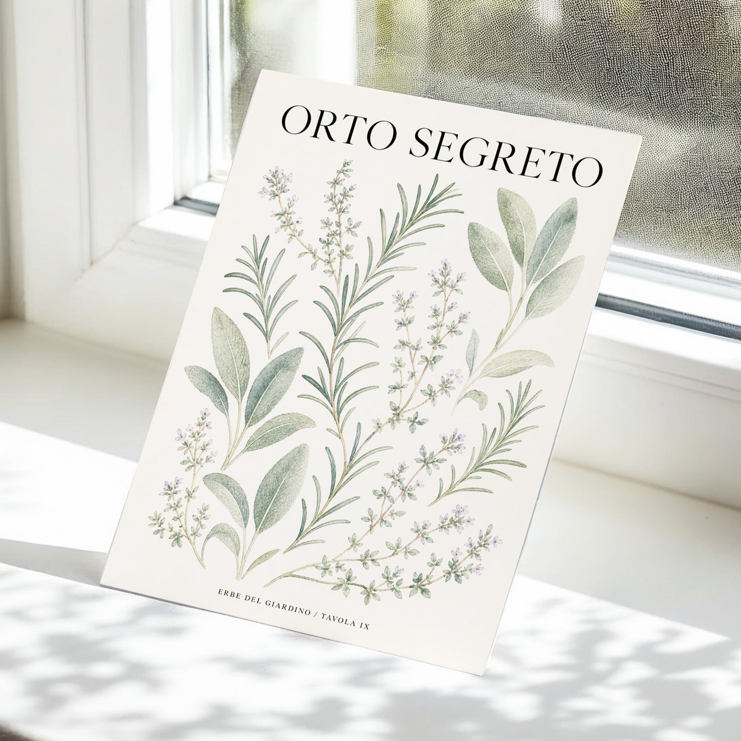The Secret Herb Garden, green, beige, black nature wall art displayed in a styled interior, gallery view 5