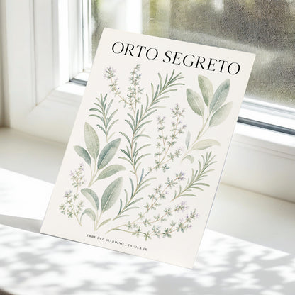 The Secret Herb Garden, green, beige, black nature wall art displayed in a styled interior, gallery view 5