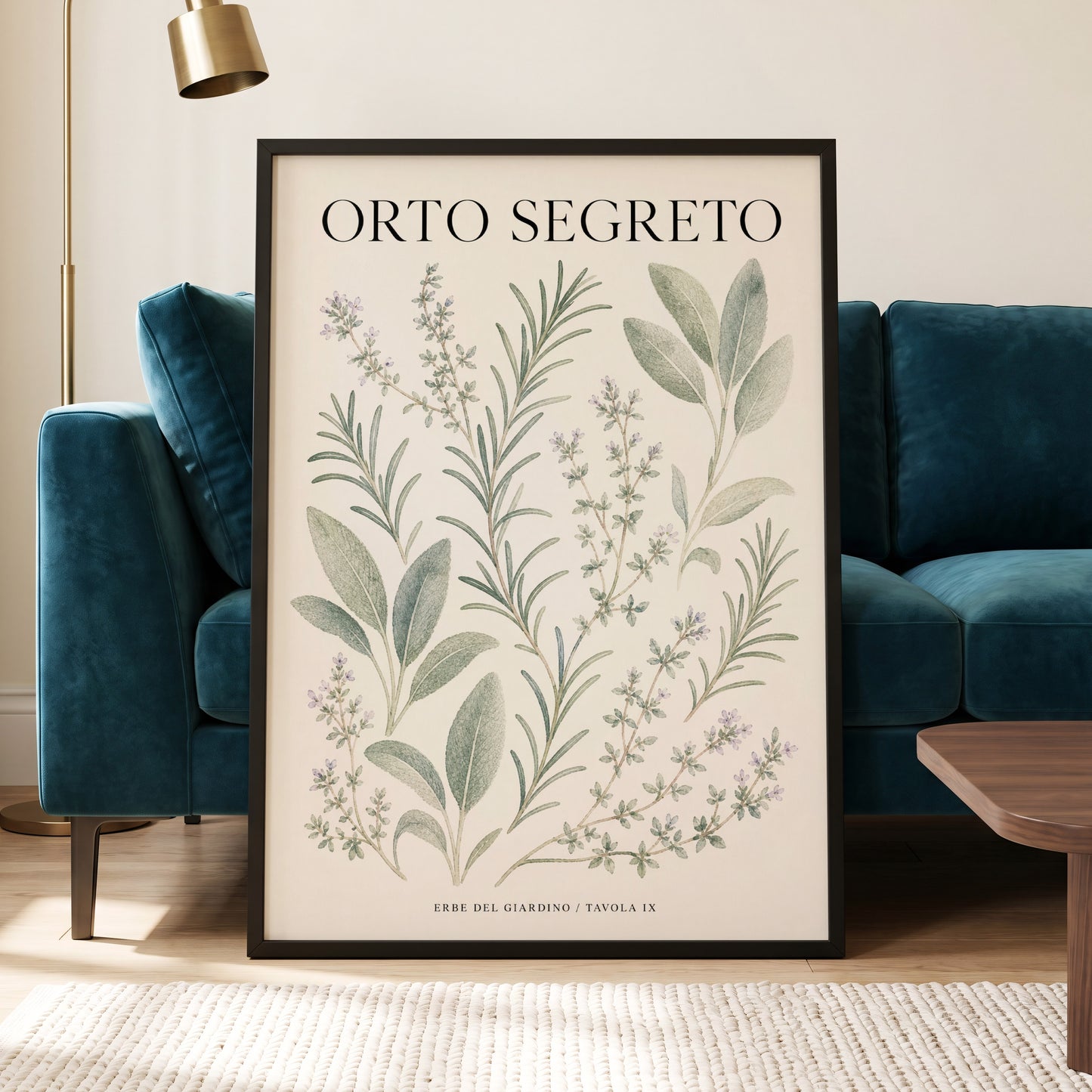 The Secret Herb Garden, green, beige, black nature wall art displayed in a styled interior, gallery view 6