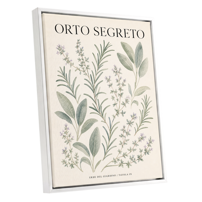 The Secret Herb Garden, green, beige, black nature wall art shown as a white framed canvas wall art