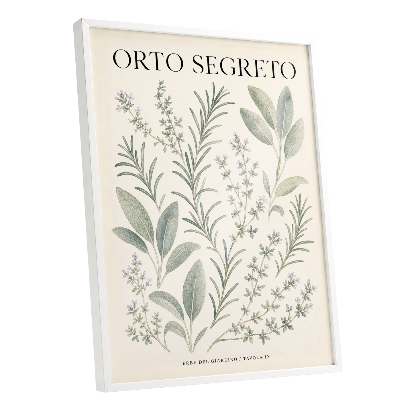 The Secret Herb Garden, green, beige, black nature wall art shown as a white framed poster wall art print