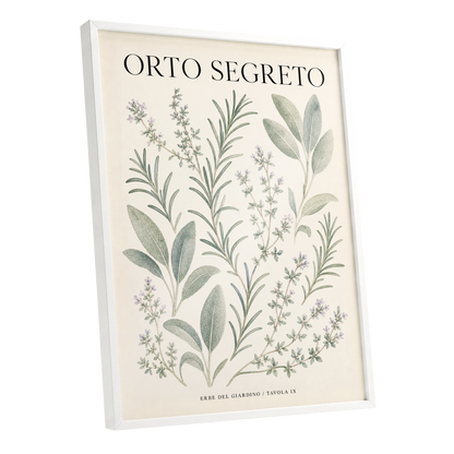 The Secret Herb Garden, green, beige, black nature wall art shown as a white framed poster wall art print