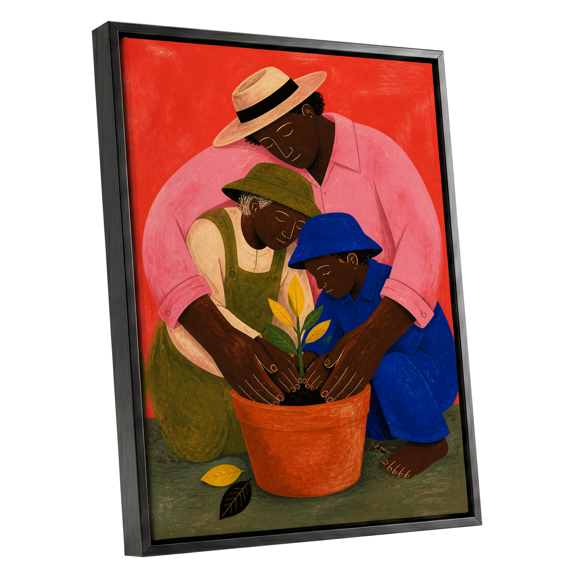 The Seedling Circle, red, pink, blue nature wall art shown as a black framed canvas wall art