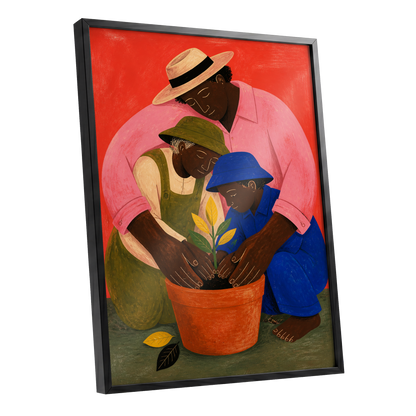The Seedling Circle, red, pink, blue nature wall art shown as a black framed poster wall art print