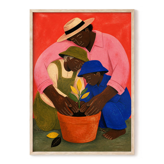 The Seedling Circle, red, pink, blue nature wall art, front artwork view