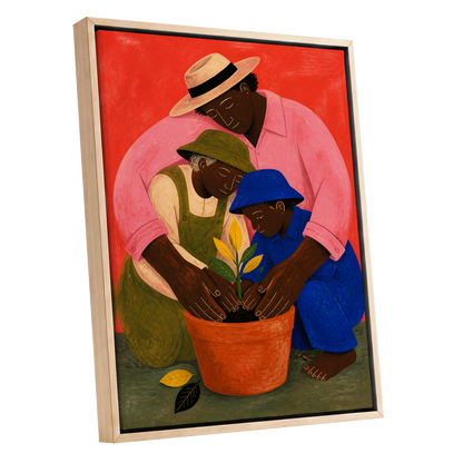The Seedling Circle, red, pink, blue nature wall art shown as a oak framed canvas wall art