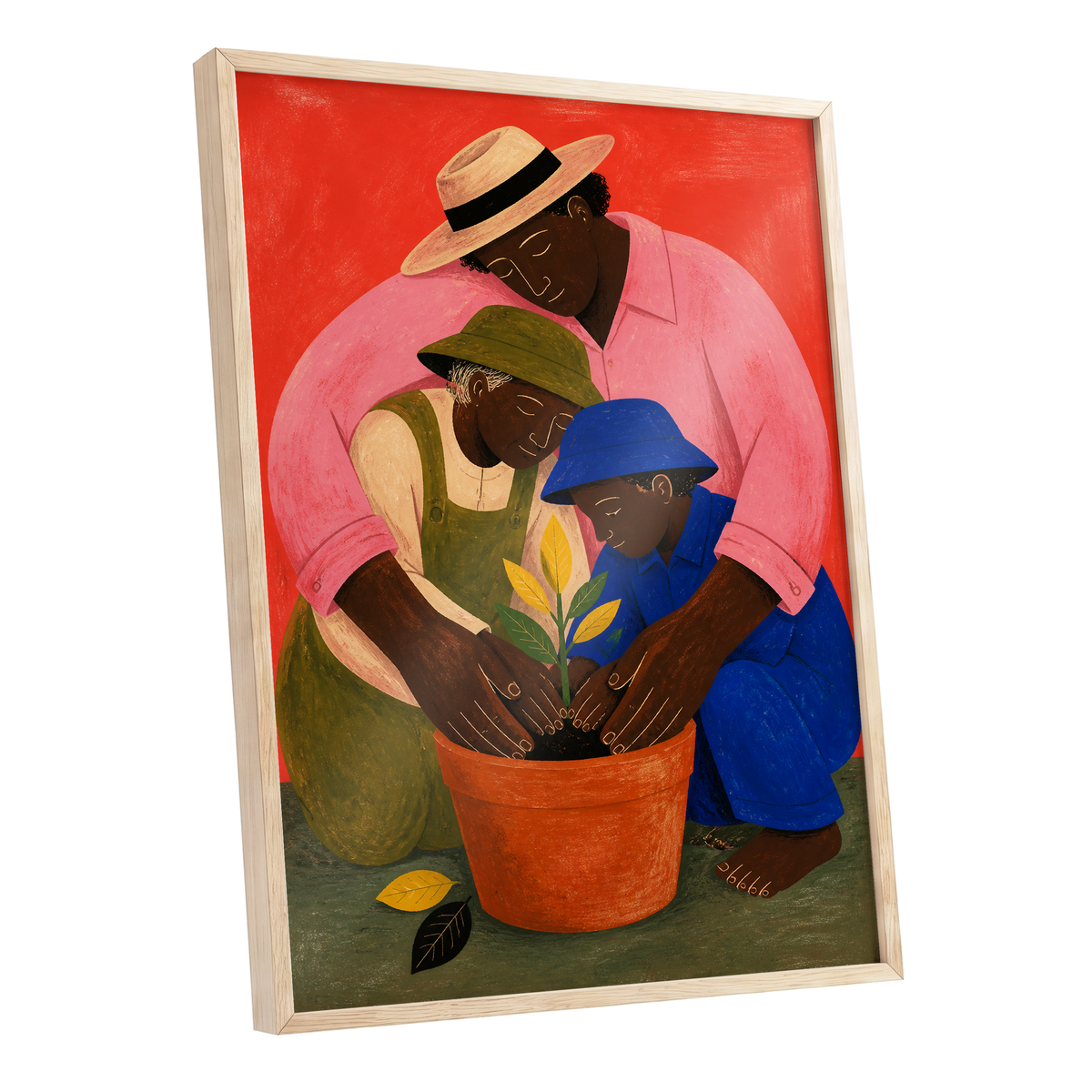 The Seedling Circle, red, pink, blue nature wall art shown as a oak framed poster wall art print