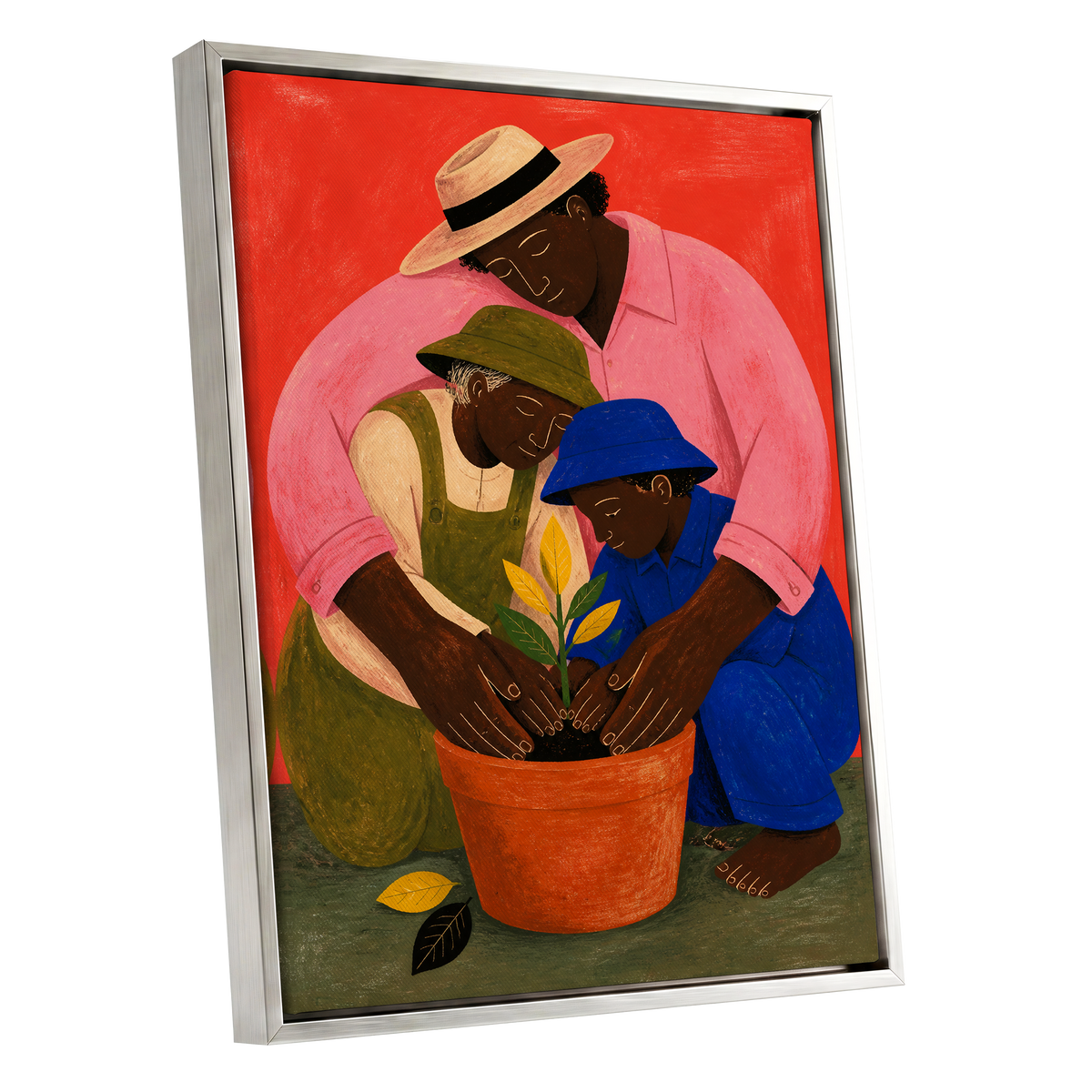 The Seedling Circle, red, pink, blue nature wall art shown as a silver framed canvas wall art