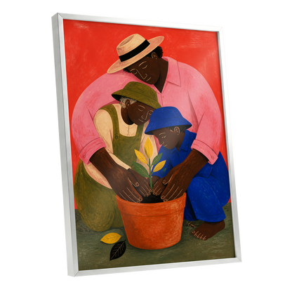 The Seedling Circle, red, pink, blue nature wall art shown as a silver framed poster wall art print
