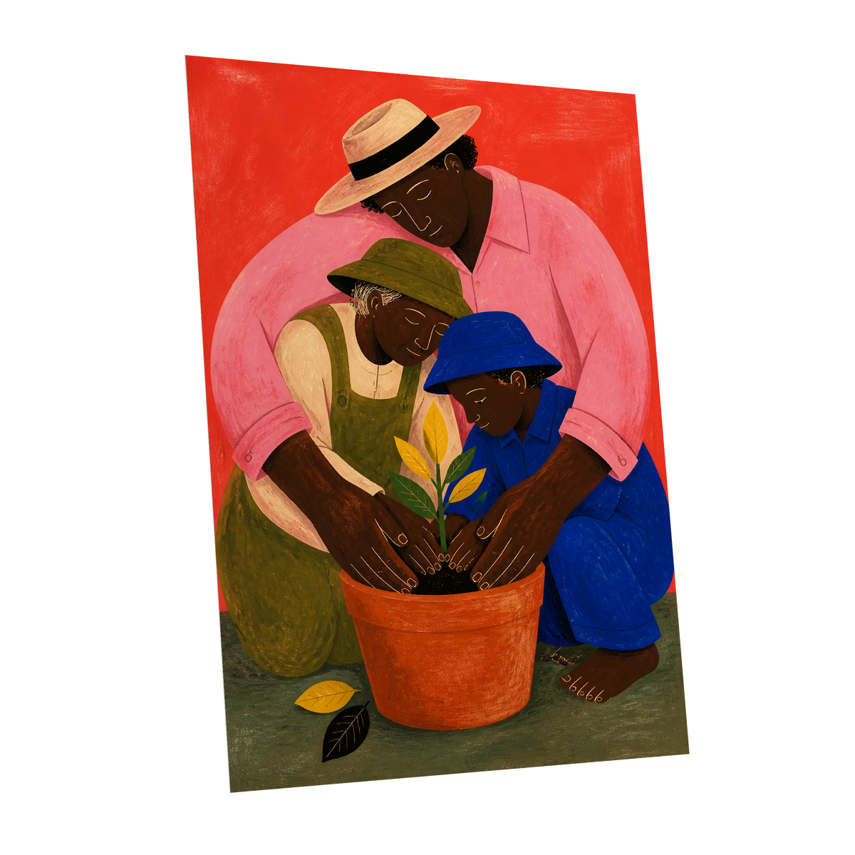 The Seedling Circle, red, pink, blue nature wall art shown as a unframed poster wall art print