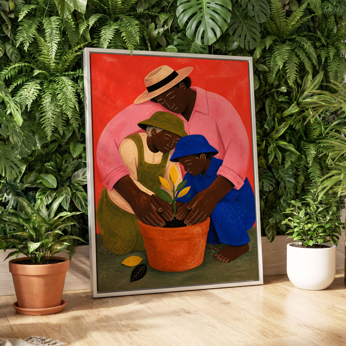 The Seedling Circle, red, pink, blue nature wall art displayed in a styled interior, gallery view 4