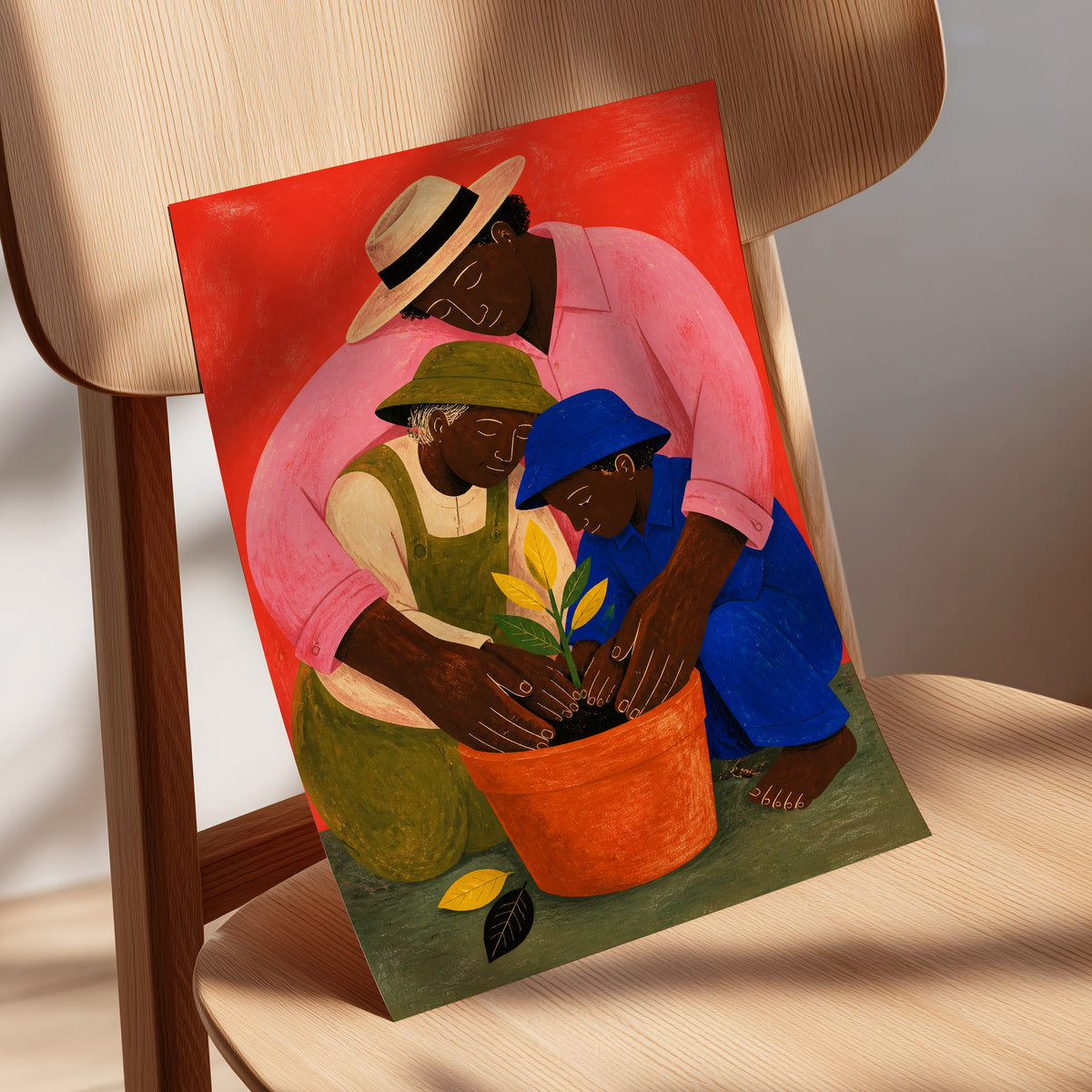 The Seedling Circle, red, pink, blue nature wall art displayed in a styled interior, gallery view 5