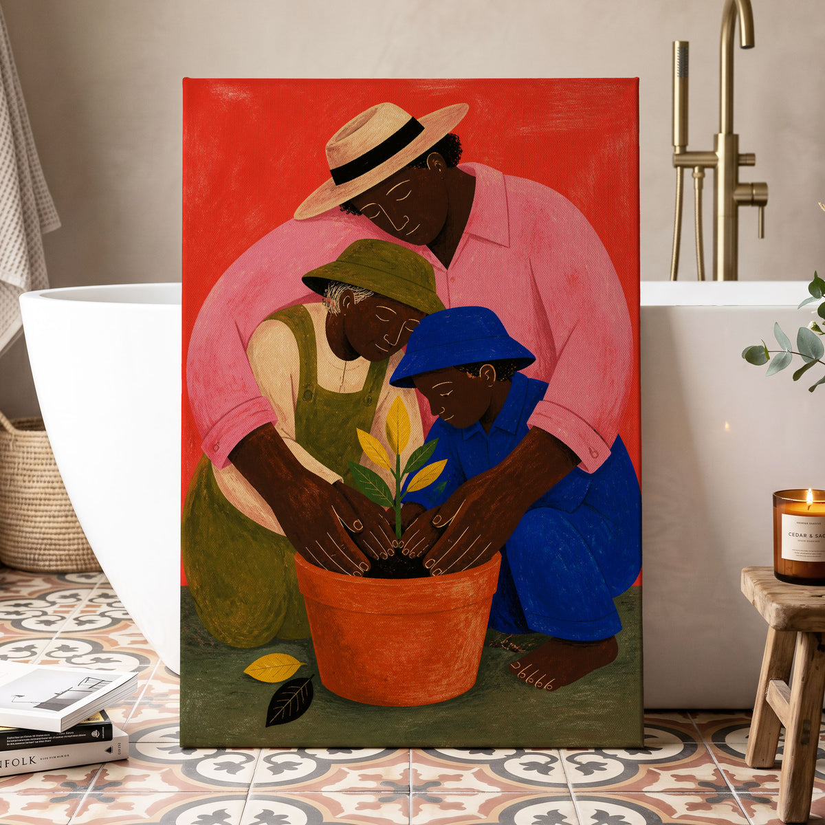 The Seedling Circle, red, pink, blue nature wall art displayed in a styled interior, gallery view 7