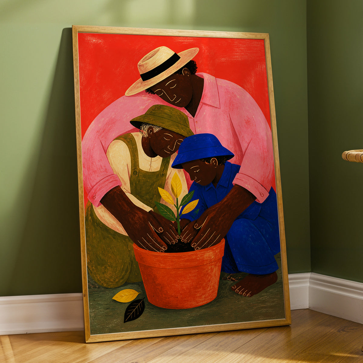 The Seedling Circle, red, pink, blue nature wall art displayed in a styled interior, gallery view 9