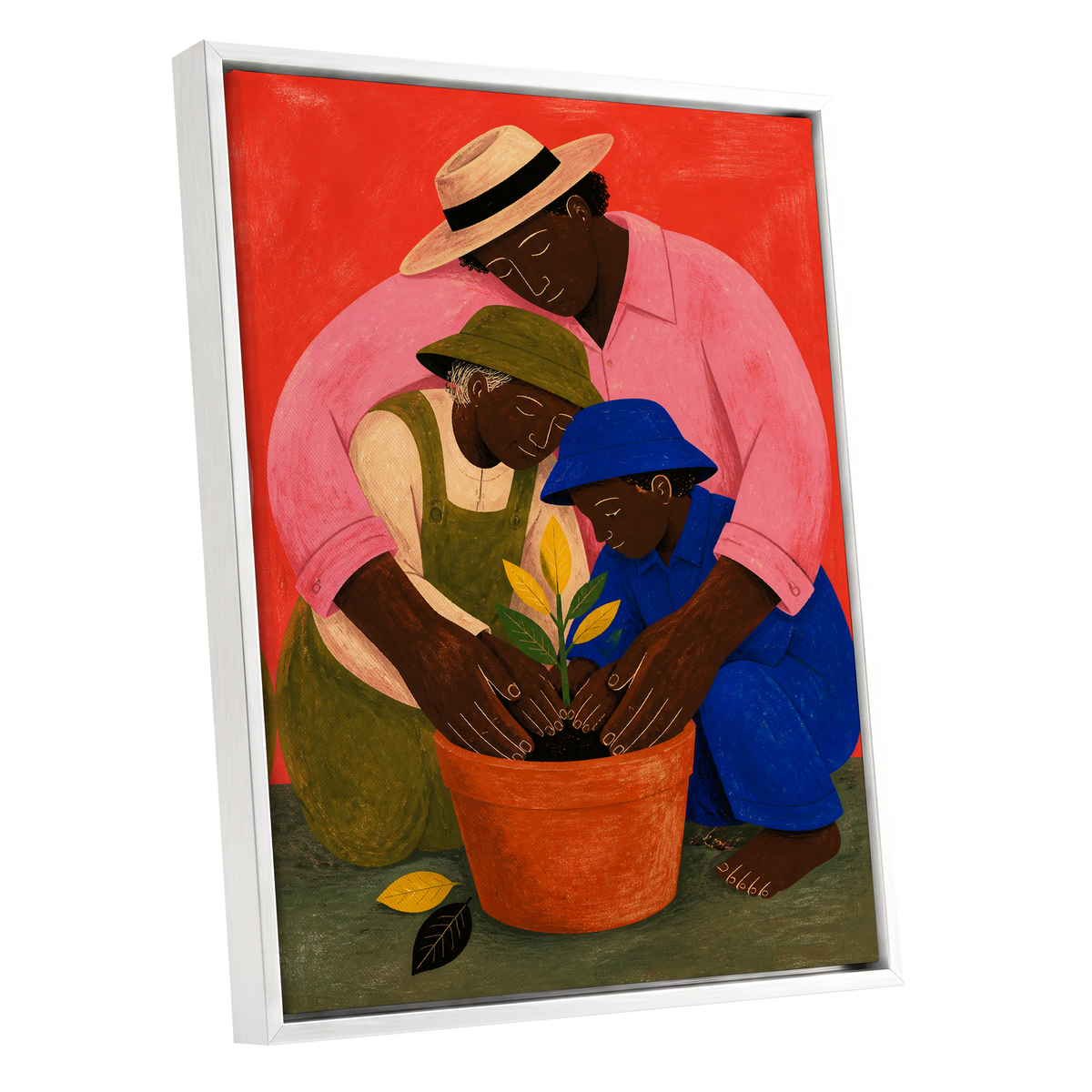 The Seedling Circle, red, pink, blue nature wall art shown as a white framed canvas wall art