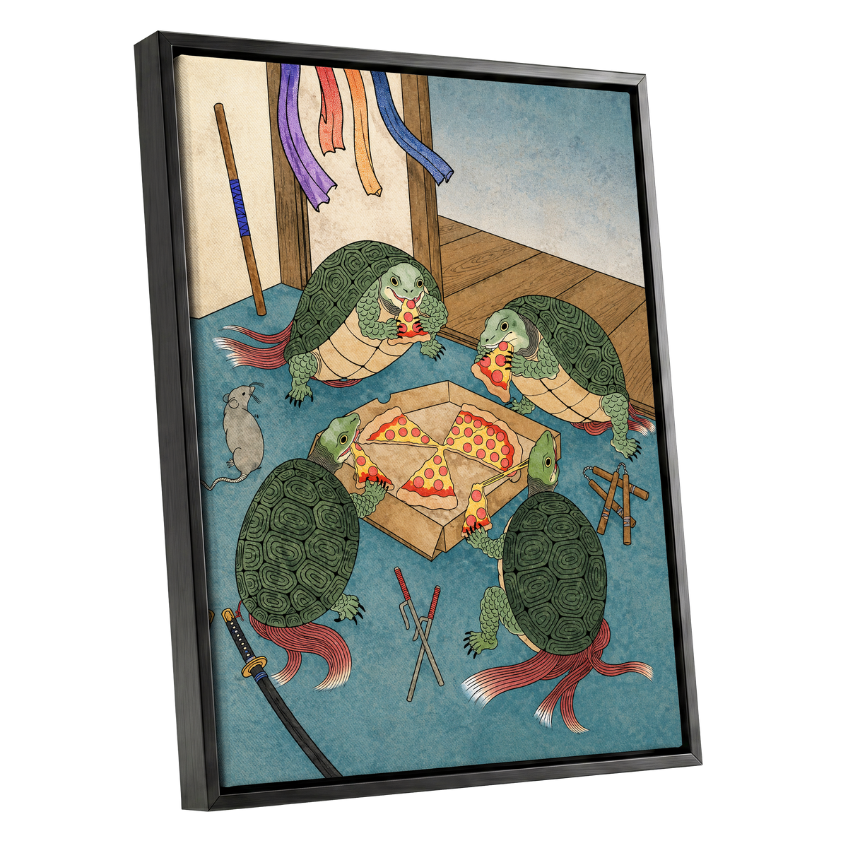 The Shell Supper, green, blue, beige abstract wall art shown as a black framed canvas wall art