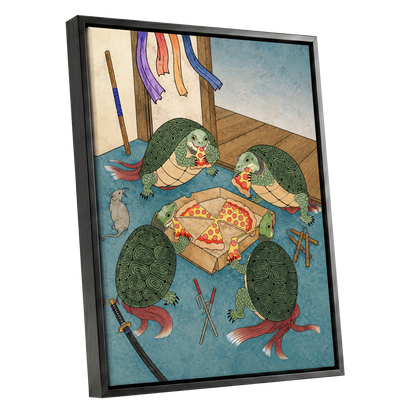 The Shell Supper, green, blue, beige abstract wall art shown as a black framed canvas wall art