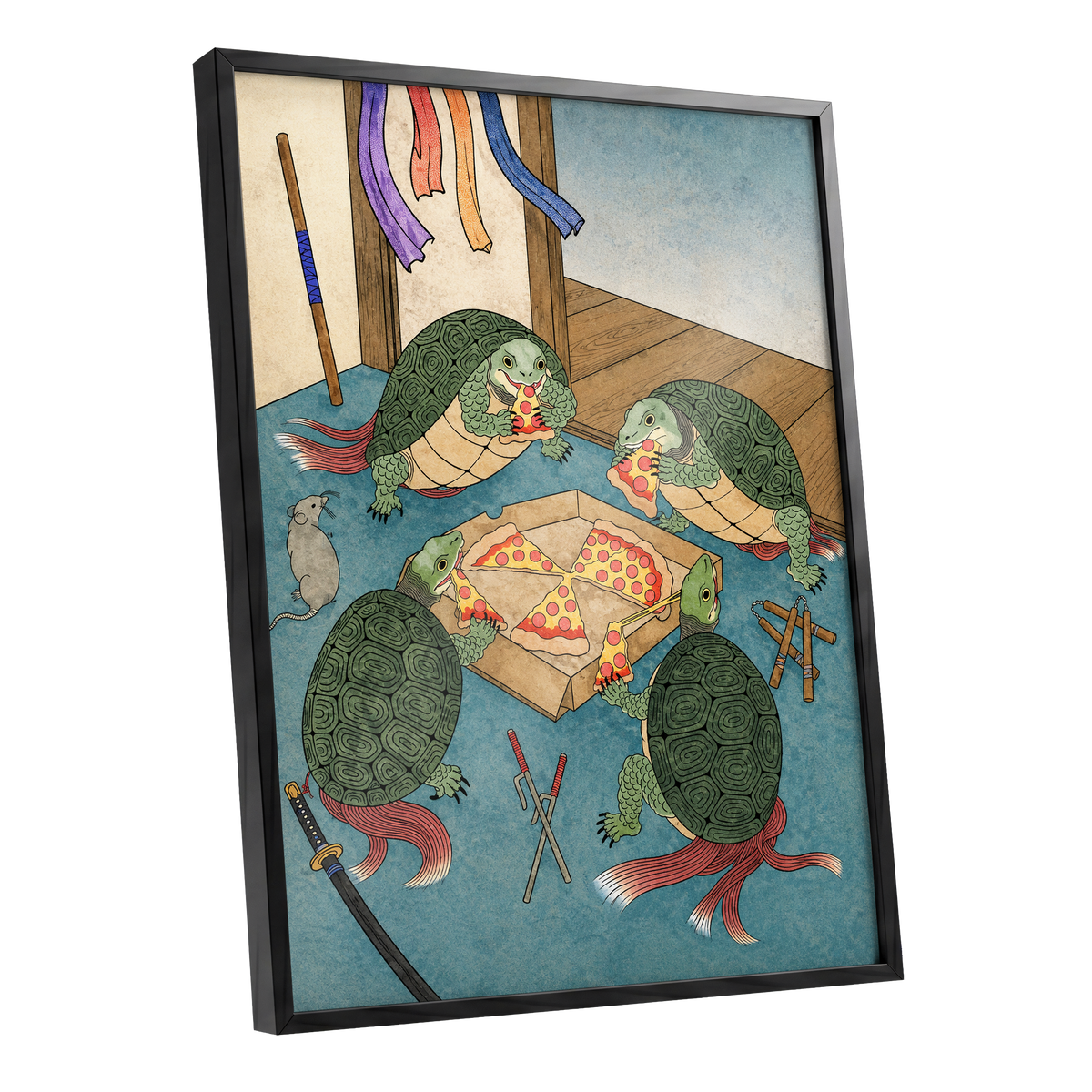 The Shell Supper, green, blue, beige abstract wall art shown as a black framed poster wall art print
