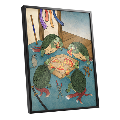 The Shell Supper, green, blue, beige abstract wall art shown as a black framed poster wall art print